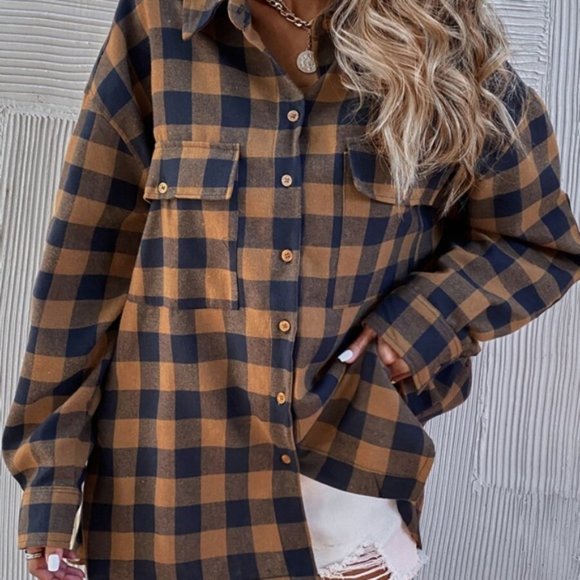 New Plaid Check Flannel Button Front Shirt Top - Picture 2 of 9